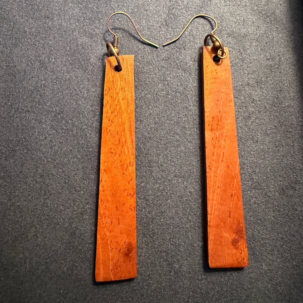 Handmade Long Wooden Bar Earrings - Orange Wood